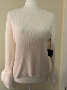 NWT Saks Fifth Avenue Ribbed Sweater Faux Fur Cuffs Ecru Ivory XL